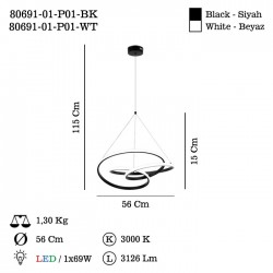 VERDON LEDLI SIYAH AVIZE 69W 3000K