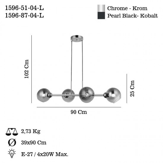 BOLET 4 LU SIRALI KROM AVİZE 4XE27