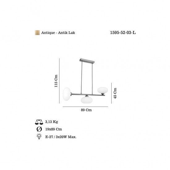 LANDE 3 LU SIRALI ANTİK LAK AVİZE 3XE27