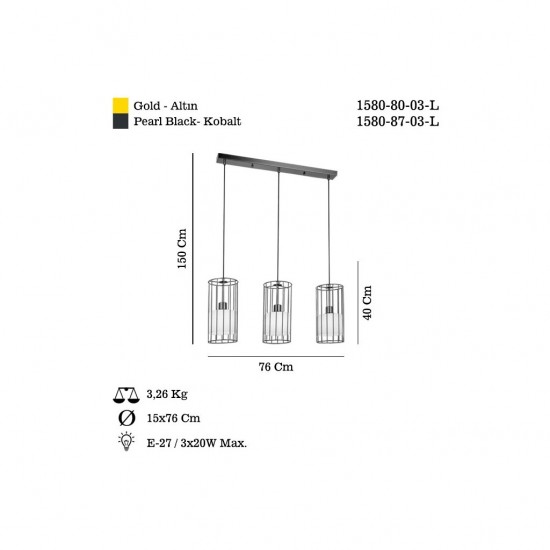 MAPES 3 LU SIRALI KOBALT AVİZE 3XE27