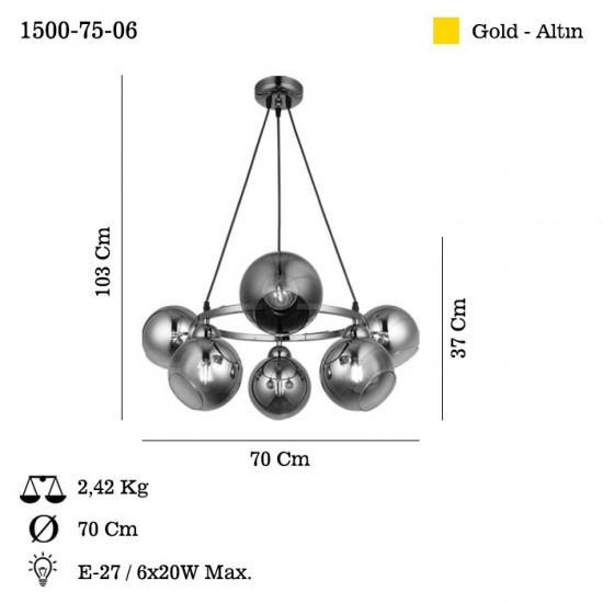 RANKO 6 LI YUV.AVİZE KOYU ALTIN 6xE27