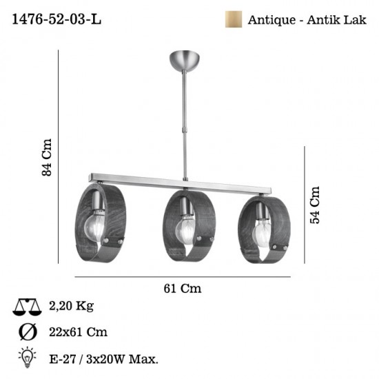 MANYA 3 LÜ SIRALI AHŞAPLI ANTİK AVİZE 3XE27