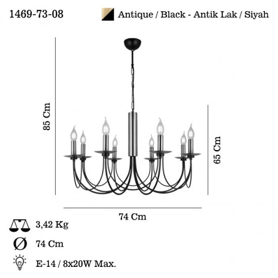 DOFA 8 Lİ ANTİK LAK-SİYAH AVİZE 8XE14