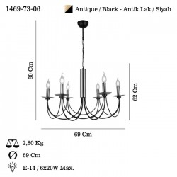 DOFA 6 LI ANTİK LAK-SİYAH AVİZE 6XE14