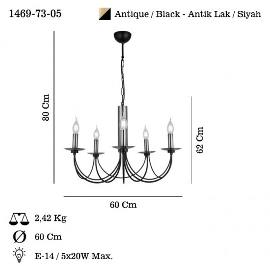 DOFA 5 Lİ ANTİK LAK-SİYAH AVİZE 5XE14