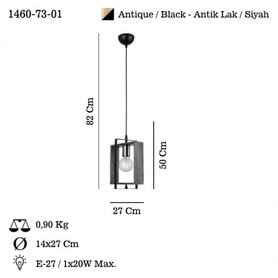 KARO TEKLİ ANTİK/SİYAH BOYALI AVİZE 1XE27