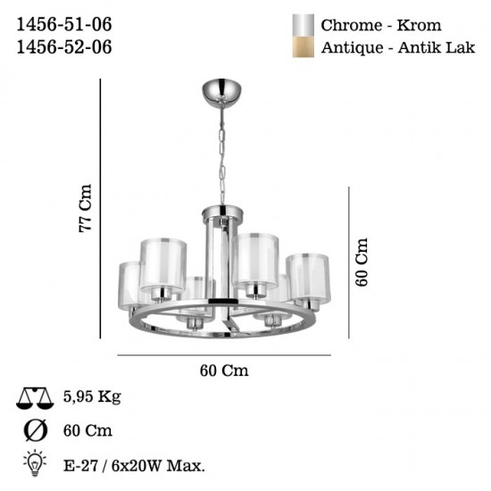 VODA 6 LI ANTIK LAK AVİZE 6XE27