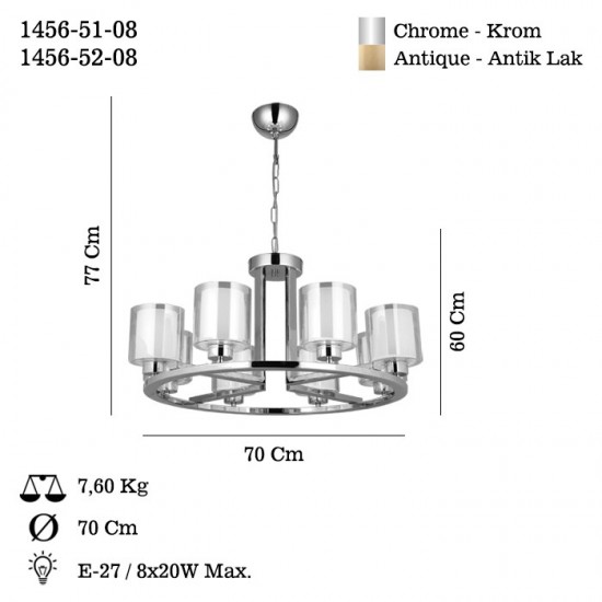 VODA 8 Lİ KROM AVİZE 8XE27