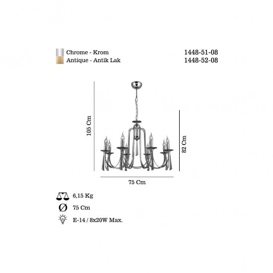 KONTES 8 Lİ KROM AVİZE 8XE14