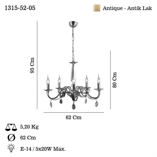 CASTRO 5 Lİ ANTIK LAK E14 AVİZE