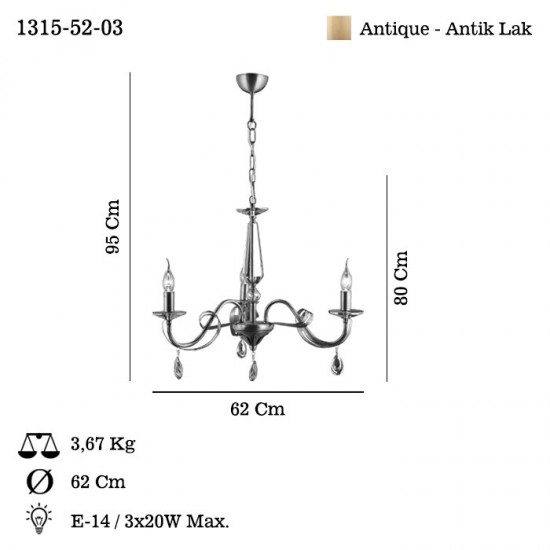 CASTRO 3 LÜ ANTIK LAK E14 AVİZE