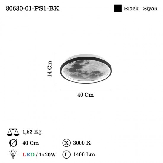 BALBANO K.BOY LEDLI SIYAH PLAFONYER 20W 3000K