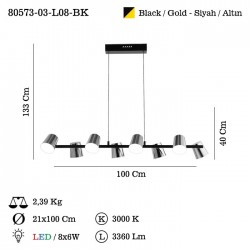 OLETTA 8 LI M.USTU LEDLI SIYAH AVIZE 3000K 48W