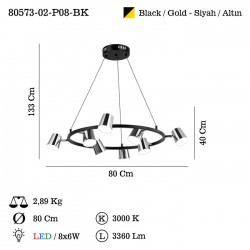 OLETTA 8 LI LEDLI SIYAH AVIZE 3000K 48W