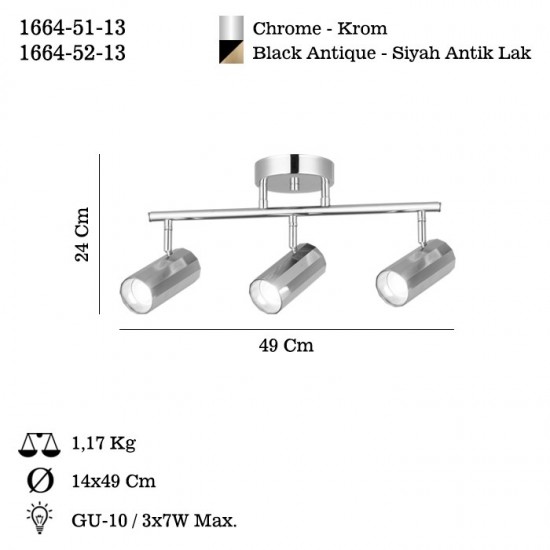 OKTANO 3 LU SİYAH-ANTIK LAK PLAFONYER 3XGU10