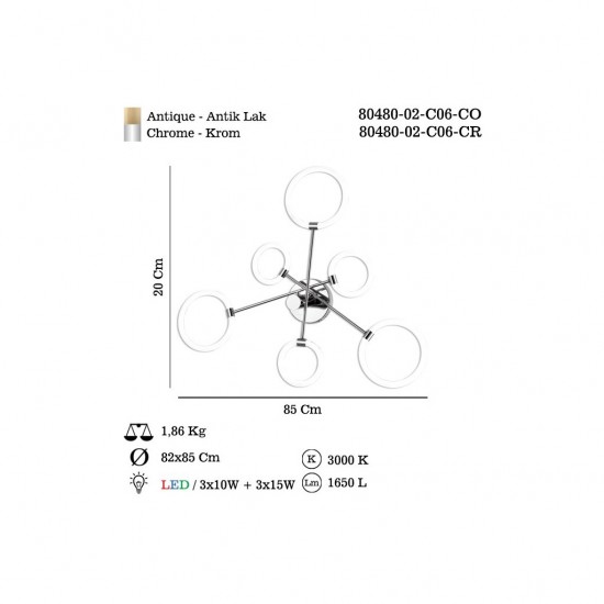 PONTI 6 LI LEDLI KROM PLAFONYER 56W 3000K