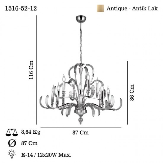 ARTEMI 8+4 LÜ ANTIK LAK AVİZE 12XE14
