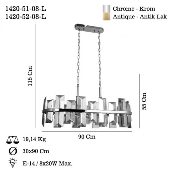 KANSAS L90 LIK ANTIK LAK Y.M AVİZE 8XE14